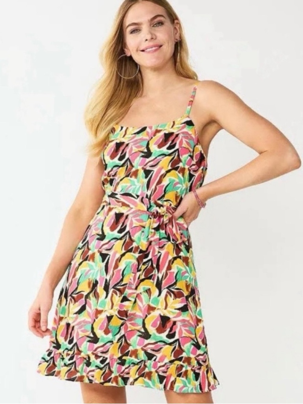Nine West Crosshatch Spaghetti
Strap Flutter Hem Tie Waist Dress XS